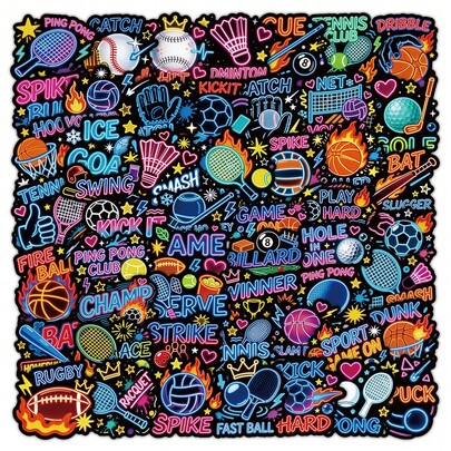55 buah Stiker Grafiti Seri Olahraga Bola Neon untuk Koper, Casing Ponsel, Laptop, Helm, Skateboard, Stiker Dekoratif, DIY Kreatif