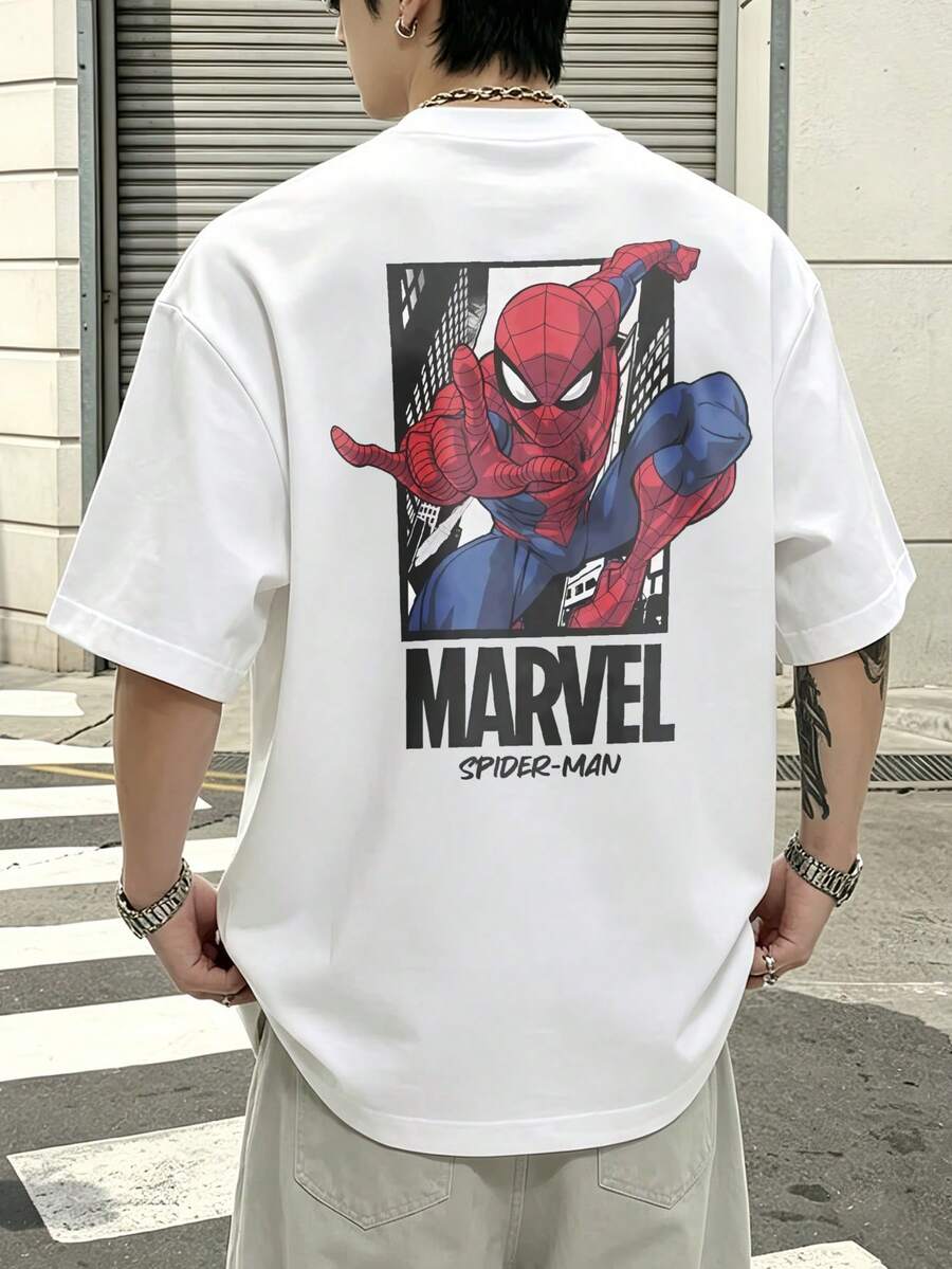 Marvel Marvel Comics Spider Man Marvel Logo Print Graphic T Shirt 100 Percent Cotton Mens Clothing Men Shirt Men Summer Clothes Marvel Series Men's Gifts Streetwear Men - 白色 - 查看 1