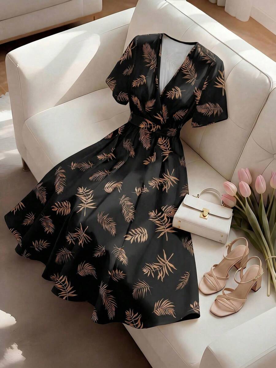 CURVE Vestido de manga corta con cuello en V, cintura con lazo y estampado floral, adecuado para vacaciones de primavera/verano, talla grande - Negro - Ver 1