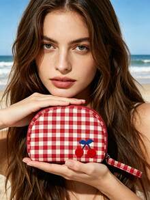 Red Plaid Cherry Embroidery Makeup Bag, Shell-Shaped Portable Toiletry Bag With Wrist Strap, Cute Summer Beauty Makeup Pouch, Suitable For Beach Travel - Multicolor - View 3