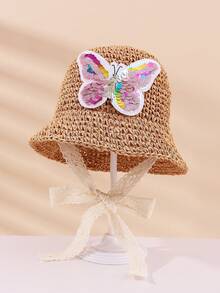 1 pieza Sombrero de paja tejido a mano con lazo para niña bebé 1-2 años, protección solar primavera verano - Mariposa grande - Caqui - View 3