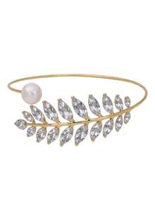 1pc Bohemian Style Summer Crystal Leaf & Pearl Multilayer Geometric Open Cuff Bracelet, Minimalist Vacation Accessory - JL2731 Gold - View 5