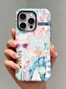 1 pieza Funda de teléfono dura brillante 2 en 1 con patrón de collage de playa - Estilo de vacaciones de verano con estrella de mar, compatible con iPhone 17 Pro Max/17 Pro/17e/16e/16 Pro Max/15 Pro Max/14 Pro Max/13 Pro/12/11/XR/XS Max/7/8, unisex, perfecto para la temporada de vacaciones, la temporada de graduación, la temporada de regreso a clases, el viaje diario y la moda callejera, funda de teléfono de moda de verano con alta estética - Multicolor - Ver 4