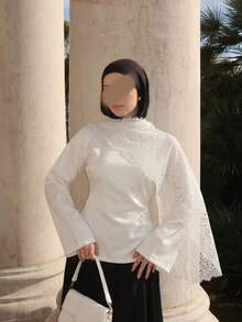 New Woven Fabric Lace Patchwork White Lace Scarf Long Sleeve Top, Suitable For Everyday Wear, Dates, Early Spring - White - View 6