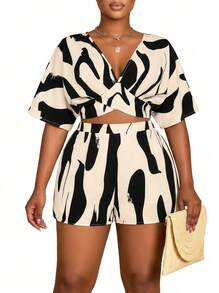 Blazique Plus Size Women Floral Print Short Sleeve V-Neck Top And Shorts 2 Pieces Vacation Set Elegant Summer - Beige - View 1