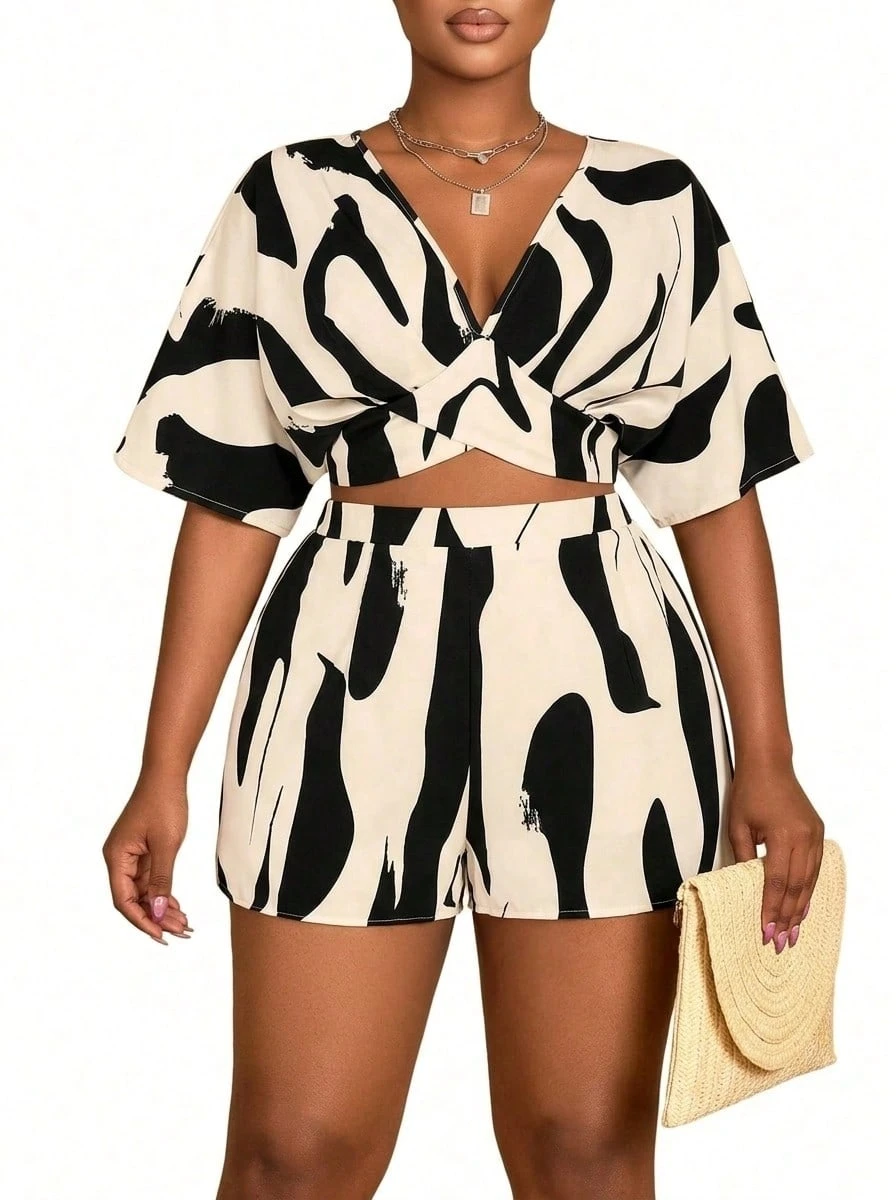 Blazique Plus Size Women Floral Print Short Sleeve V-Neck Top And Shorts 2 Pieces Vacation Set Elegant Summer - Beige - View 1