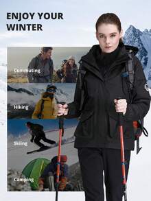CAMEL CROWN Women's 3-In-1 Waterproof Windproof Ski Jacket With Fleece Lining, Suitable For Rainy/Snowy Outdoor Hiking - Black - View 4