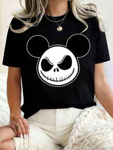 Disney Women Round Neck T Shirt Mickey Mouse Jack Skellington Face Print Casual Loose Fit Top For Halloween Party 220g - 黑色 - 查看 1