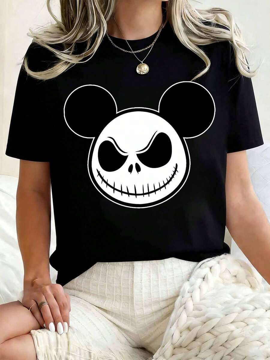 Disney Women Round Neck T Shirt Mickey Mouse Jack Skellington Face Print Casual Loose Fit Top For Halloween Party 220g - 黑色 - 查看 1