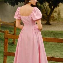 yonghongmaoyi1  Vestido de mujer vintage, elegante y clásico. Vestido ajustado a rayas para primavera/verano, vestido con botones, vestido rosa acampanado, vestido de manga corta - Rosa - Ver 3