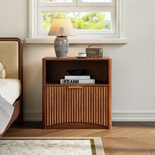Fluted Bedside Table With Open Drawer And Gold Handles, Space-Saving, Ideal For Bedrooms And Living Rooms, With A Walnut Look. - 核桃色 - 查看 3