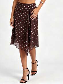 Womens Summer Midi Skirt A Line Stylish Dot Print Asymmetrical Hem Mid Rise Skirts - Marrón - Ver 2