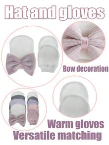 3pcs Newborn Baby Hat And Gloves Set, With Large Bow, Soft Cute Knitted Hat, Suitable For Baby Boys And Girls - Multicolor - View 5