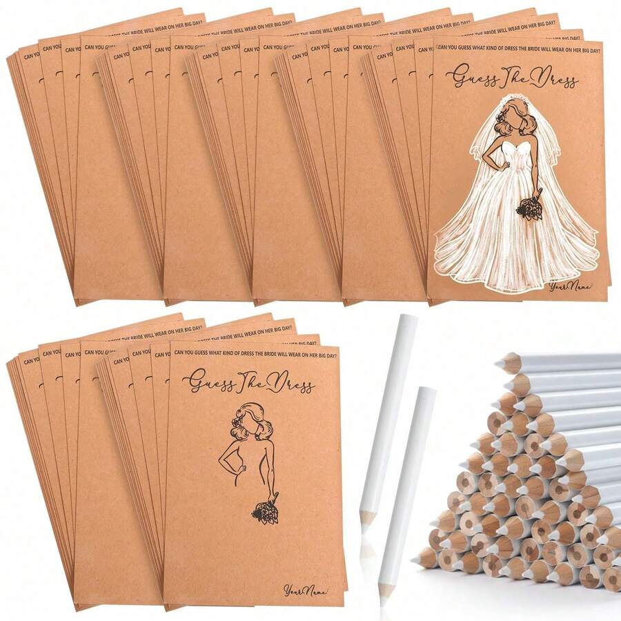 Bridal Shower Game Set, DIY Bridal Gown Painting Cards, Includes Cards And White Pencils, Suitable For Bridal Shower, Bachelorette Party, Birthday Party, Anniversary, "The Dress" Bridal Shower Game Set, Includes Game Cards And Water-Soluble Pencils - Multiple Styles - View 1