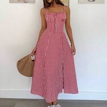 jianchaimaoyi02  Vestido a media pantorrilla con tirantes a cuadros para mujeres, de moda y apropiado para el verano - Marrón - Ver 7