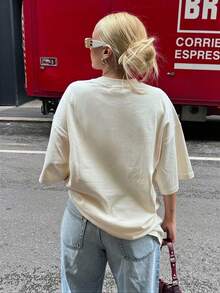 Domestic Shipping Available. Women's White Long-Sleeved T-Shirt With Print. Korean-Style Top. New For Fall. Y2K Top. Korean Style. Loose Fit. Casual. Long-Sleeved T-Shirt. - Apricot - View 2