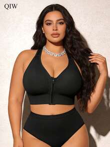 1pc Plus Size Women's Front Zip Bra, Light Sports Casual Criss-Cross Back Design Lingerie - Black - View 4