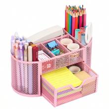 Mesh Desk Pen Holder, Office Stationery Organizer With 8 Compartments And 1 Drawer, Ideal For Students And Various Stationery Storage - 粉紅色的 - 查看 6