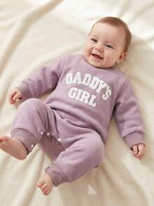 Baby Girls Jumpsuit, Long Sleeve Crew Neck Embroidery Letters Casual Romper Clothes - Purple - View 2