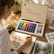 Set de peinture aquarelle portable 60 couleurs 1ml, 48 couleurs de peinture unicolore + 12 couleurs de peinture perlière, comprend 2 pinceaux, emballage boîte cadeau exquis, facile à appliquer, choix idéal pour la création artistique professionnelle - Ensembles - Voir 3