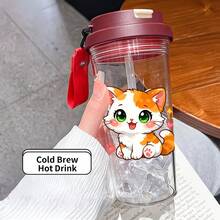 1pc/5pcs 500ml Plastic Coffee Travel Mug, Cute Orange & White Kitten Print. Suitable For Iced Coffee, Tea And Cold Drinks. A Sweet And Cheerful Gift For Cat Lovers, Perfect For Home, Office Or Outdoor Daily Use. - Multicolored Kitten - View 4