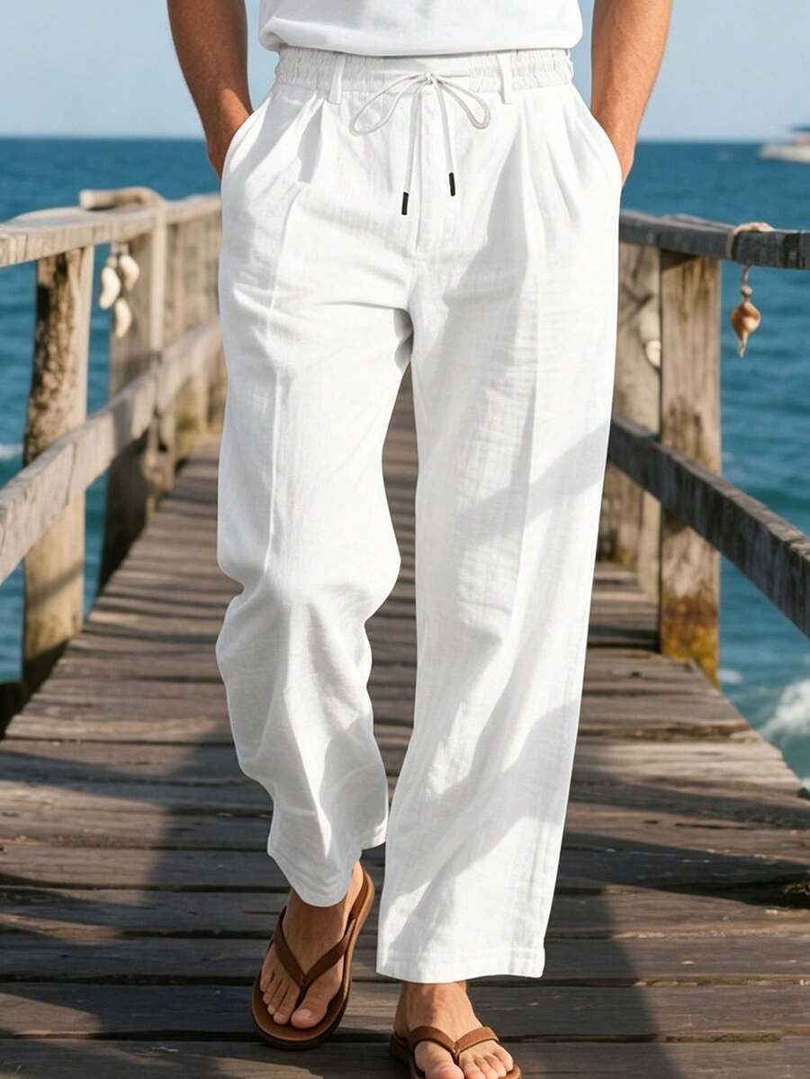 Celana Panjang Kasual Pria Musim Panas Bahan Linen yang Bernapas, Celana Panjang Lurus Longgar Gaya Liburan, Celana Serbaguna untuk Perjalanan Sehari-hari