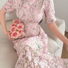 xuehuamaoyi02  Vestido largo de cuello redondo con textura elegante para mujer, adecuado para vestidos de verano de primavera y verano - Rosa - Ver 4