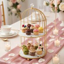 2/1-vånings guldfärgat fågelbursställ för cupcakes, elegant vintage dessertbricka, förvaringsställ för parfym, mittpunkt för eftermiddagste - Multifärgad - Visa 9