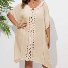 Women's Plus-Size Dress With Hand-Crocheted Floral Patchwork, Loose-Fitting Beach Bikini Cover-Up - White - View 3
