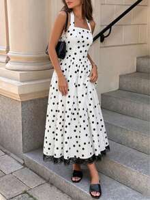 Abito midi da donna bianco a pois con scollo all'americana, orlo in pizzo, linea ad A, casual, elegante, da vacanza - Bianco e nero - Visualizzare 7