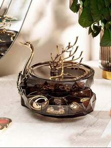 Transparent Acrylic Hair Accessory Storage Box & Swan Jewelry Storage Rack, Multi-Layer Hair Tie & Headband Storage Rack, 3-Tier Drawer Gold Jewelry Tree Rack For Necklaces, Earrings, Rings, Smoke Gray Desktop Vanity Storage Box, Suitable For Women & Girls, Bedroom Bathroom Vanity Elegant Home Decor - Multicolor - View 10