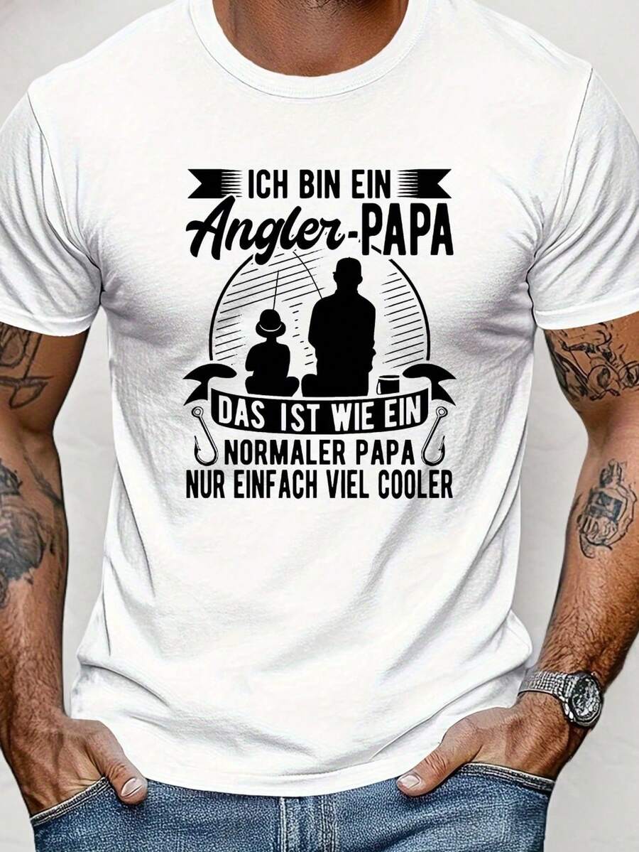 Chemise d'été décontractée pour hommes avec thème allemand - Imprimé "Je suis un papa pêcheur", manches courtes, col rond, mélange de polyester léger, pour les activités de plein air, chemise de pêche QDZ0 - Blanc - Voir 1