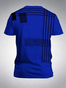Men's 3D Striped Print Casual Sports Top, Polyester Fabric, Regular Fit, Suitable For Outdoor Activities And Daily Comfort, Fashionable Round Neck Casual Top, Versatile Style, Easy Care - Blue - View 4