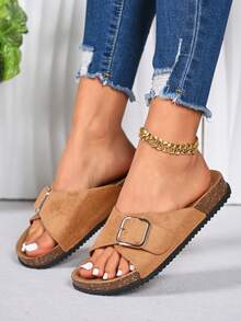 Neue sommerliche lässige Damen-Flachsandalen, Mule-Schuhe mit Metallschnallen-Dekor, einfache bequeme lässige flache Strandschuhe, geeignet für tägliche Ausflüge, braune Damensandalen, süße vielseitige Damensommersandalen - Braun - Übersicht 3