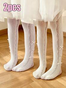 2pcs Girls' Sweet Cute Bow Decor, Rabbit Jacquard Adorable Leggings, Versatile Stirrup Tights For Spring/Summer - Multicolor - View 11