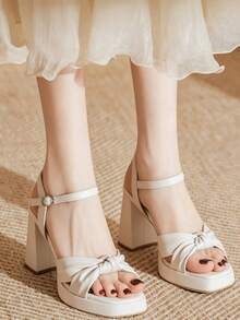 New For Summer 2026: Chunky Heel Butterfly Ribbon Strap High Heel Sandals (Women's), Fashionable And Versatile Beige Fairy Style - Beige - View 11