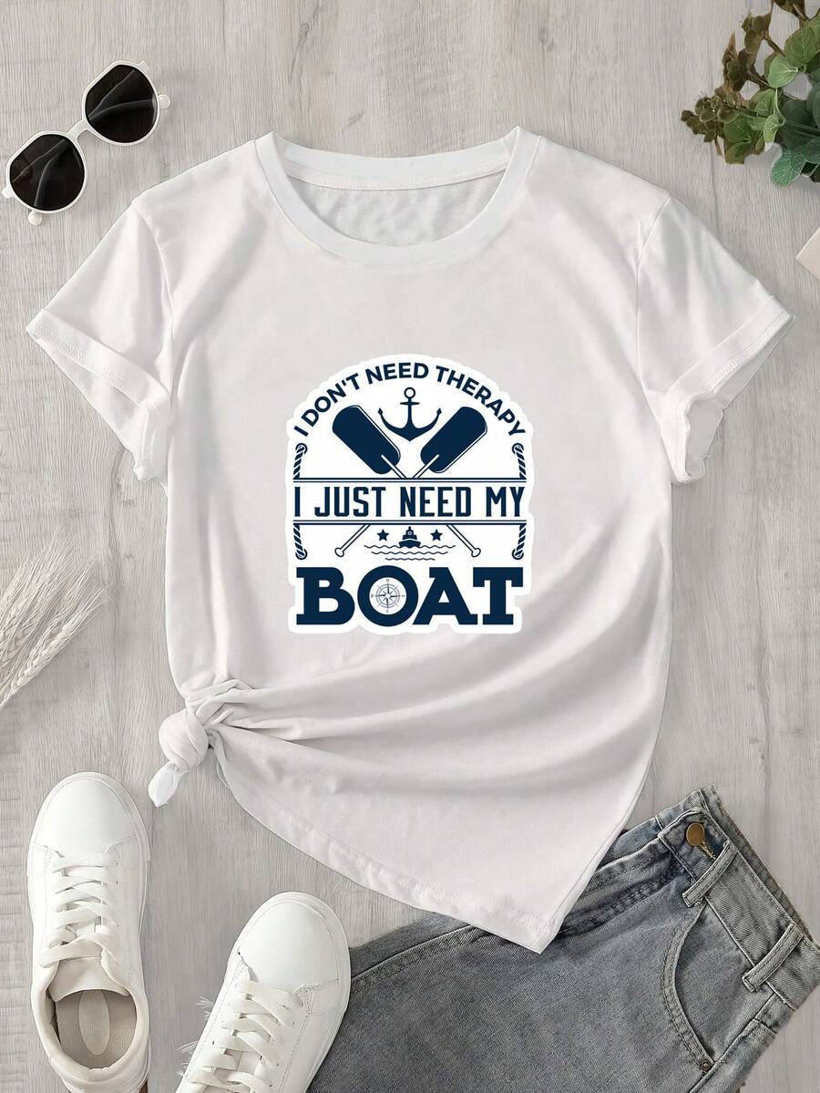No necesito una tanga para mi top de manga corta y cuello redondo; todo lo que necesito es mi estampado de barcos, apto para todas las estaciones. - Blanco - Ver 1