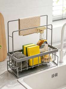 1/2pcs-Estante de almacenamiento para fregadero de cocina, soporte para esponja y paño, escurridor de malla y estante de toallas de doble barra, estante de almacenamiento para cepillo de platos y dispensador de jabón de encimera, adecuado para el almacenamiento de accesorios de fregadero de cocina y baño - Multicolor - Ver 3