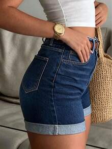 Washed Denim High Waist Fitted Cuffed Shorts, Summer Casual - Blue - View 4