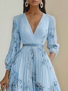 Vestido estampado para vacaciones estilo europeo gran - Azul - Ver 2