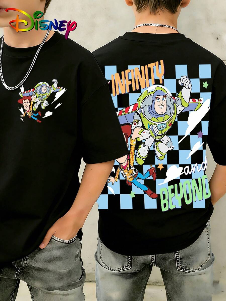Disney Kids' Casual Short-Sleeve T-Shirt – Buzz Lightyear And Woody Cartoon Print Crew Neck Top – Comfortable Everyday Wear For Older Children And Teenagers. - Black - View 1