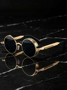1pc Fashion Round Metal High Definition Lens Retro Punk Steampunk Spring Leg Unisex Glasses - Gold - View 9