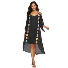 Hand-Crocheted Patchwork Off-Shoulder Asymmetrical Front-Short-Back-Long Beach Dress Vacation Robe - White - View 7