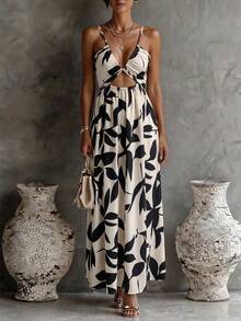 Vestido con estampado de hojas en blanco y negro, sin espalda con lazo, vestido casual de verano para vacaciones, playa y fiesta elegante - Albaricoque - Ver 2