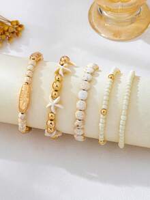 5pcs Set Gelang Manik-Manik dan Bintang Laut Turquoise Elastis Tenun Elegan Gaya Bohemian untuk Wanita (Jumlah, Ukuran & Penempatan Manik-Manik Buatan Tangan Acak) - Yellow Gold - View 16