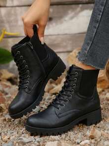 Women's Combat Lace Up Short Ankle Booties With Inside Zipper - Black - View 1