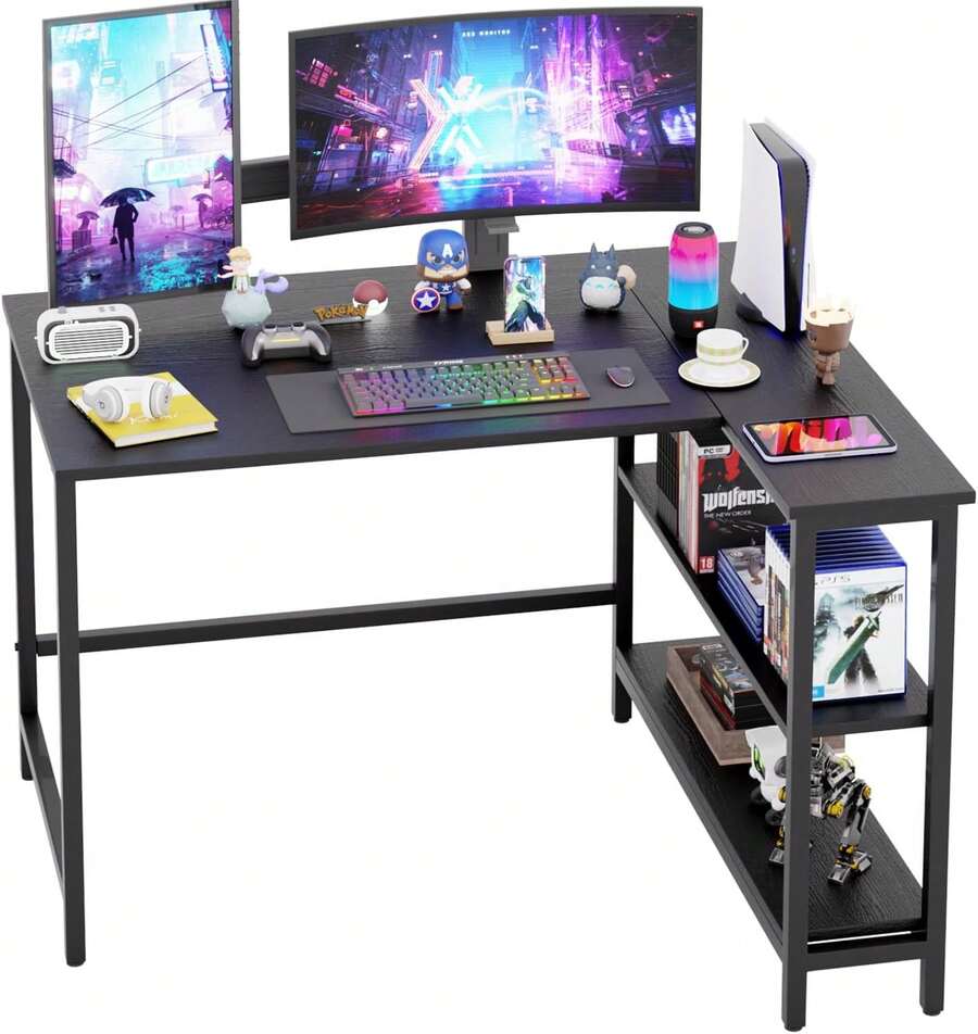 43 Inch L-Shaped Computer Desk,Gaming Desk With Durable Metal Frame,Corner Desk With Reversible Storage Shelves For Home Office Gaming Study,Black (43 Inch) - 43 Black - View 1