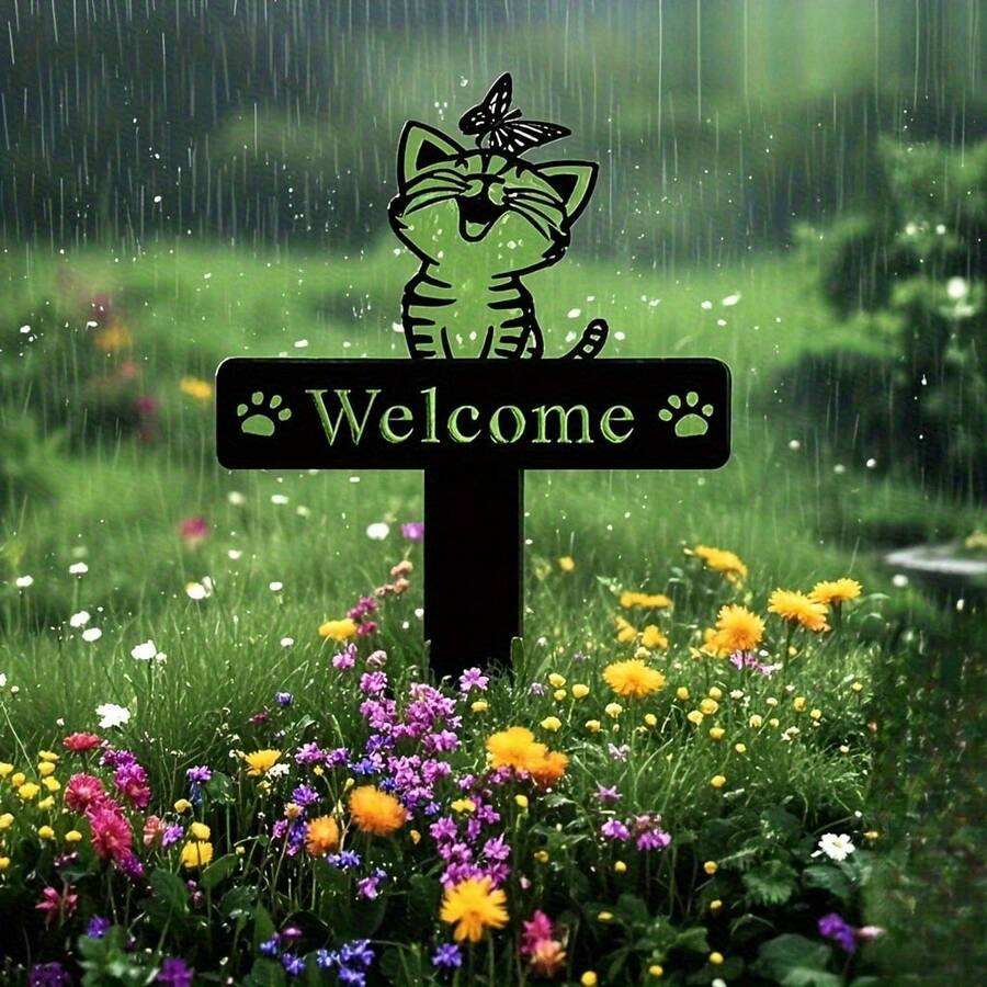 Dekorasi Taman Kucing Akrilik Datar 2D - Papan Selamat Datang, Pola Kucing Tersenyum dan Kupu-kupu Warna-warni, Dekorasi Halaman Paskah, Karya Seni Halaman Luar Ruangan - serat akrilik - View 1
