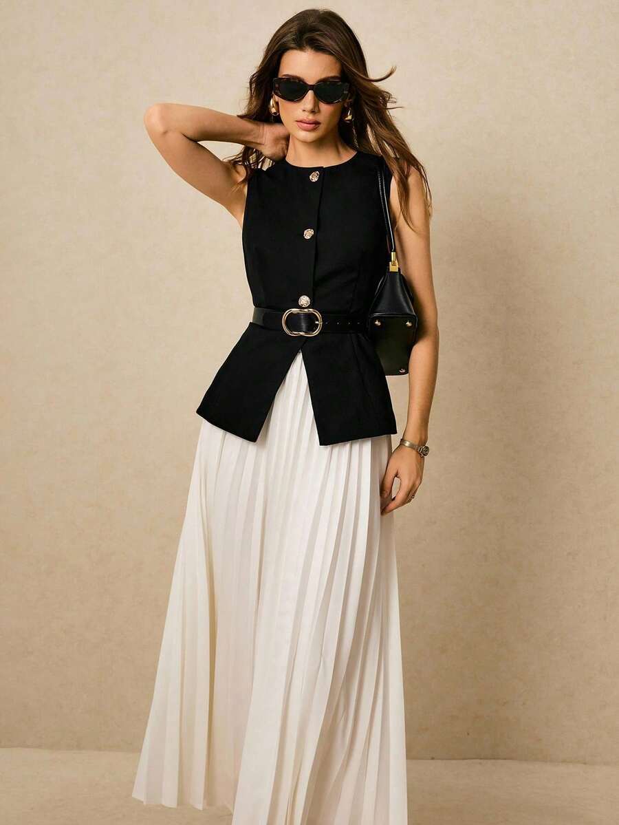 Conjunto de 2 piezas para mujer: Elegante chaleco y falda mini plisada para el verano - Blanco y Negro - Ver 1