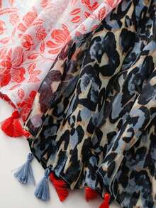 1pc Dual-Color Red Floral & Black Leopard Print Tassel Scarf, Artistic Vibe Thin Silk Shawl For Travel & Sun Protection, Women - Red - View 9